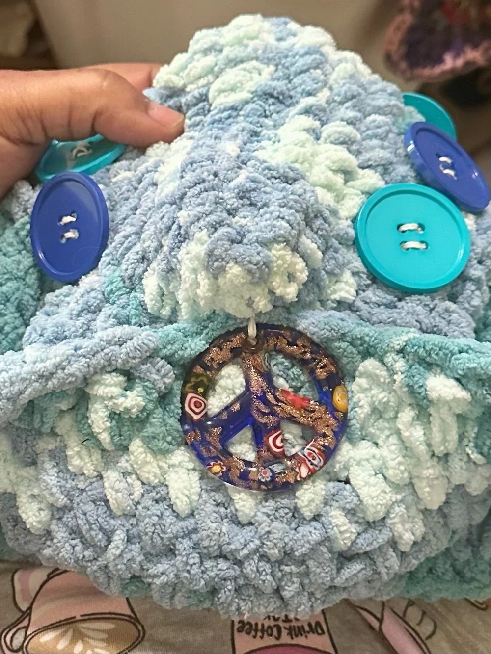 Chunky Knit Peace Sign Bucket Hat Variegated Aqua Blue Marled Festival